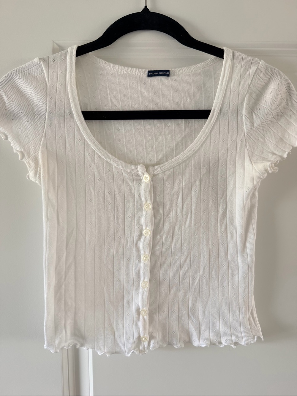 Brandy Melville White Short-Sleeve Button-Front Ribbed Top